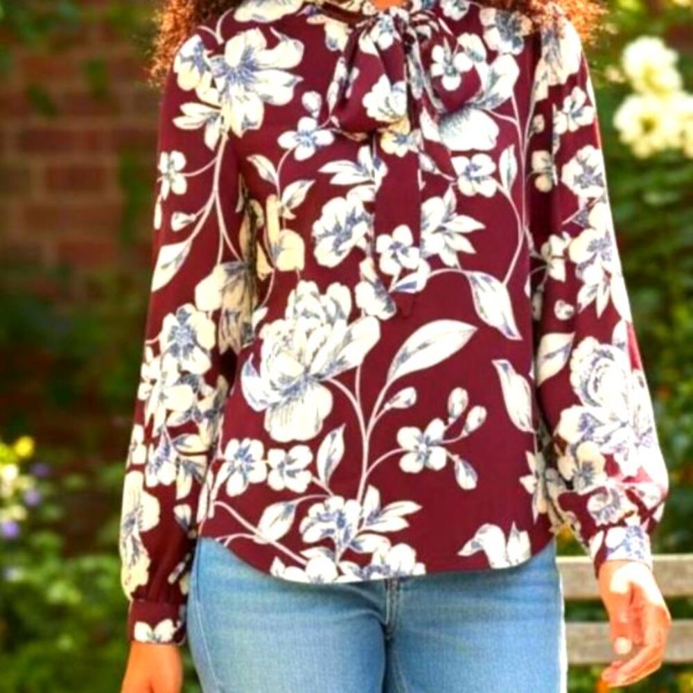 Gemma & Jane Burgundy Floral Long Sleeve Tie Neck Blouse Work Wear Librarian